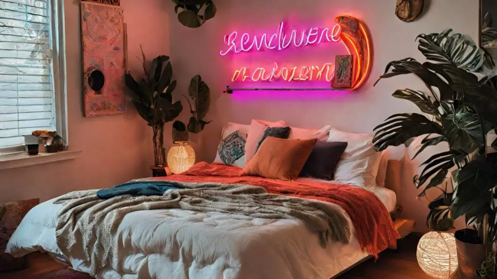 Retro Neon Sign Boho Style Bedroom