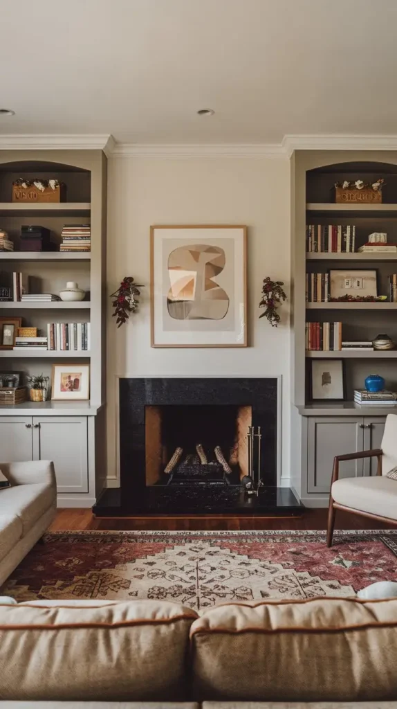 Built-In Shelves Around a Fireplace