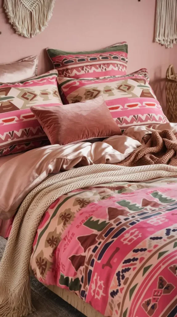 Bohemian Pink Bedding with Layered Textures