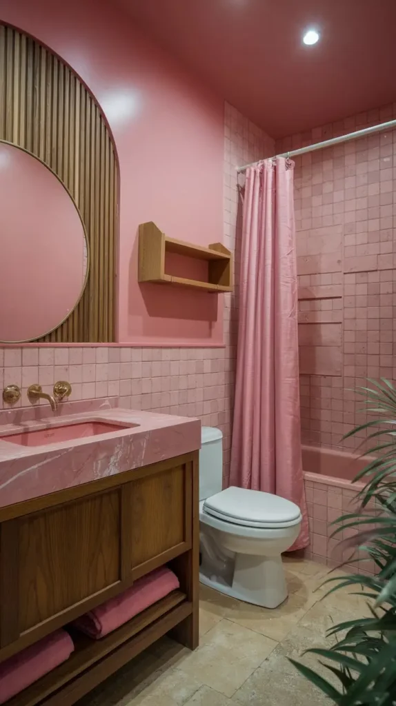 Pink Bathroom with Natural Wood Elements