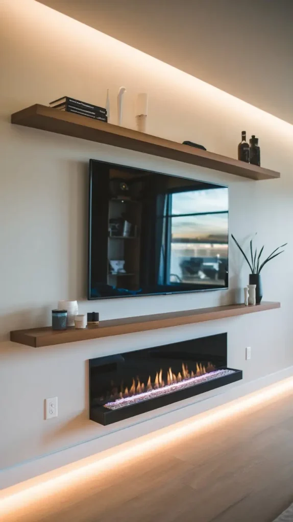 8. Minimalist Floating Shelf Fireplace with TV