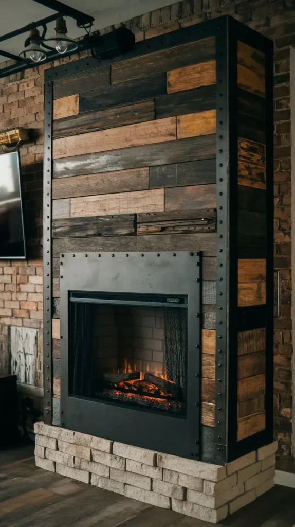 Industrial-Style Fireplace with Metal and Wood Accents