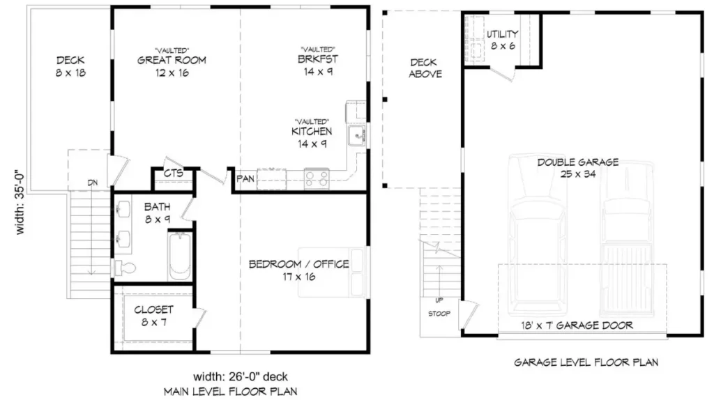2-Car Garage with 1-Bedroom, 910 Sq Ft Apartment with Vaulted Ceilings