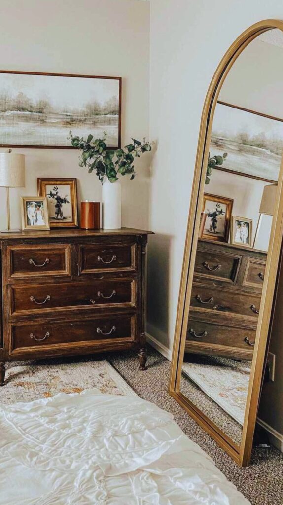 Bedroom Dresser Decor Height with Mirrors and Artwork