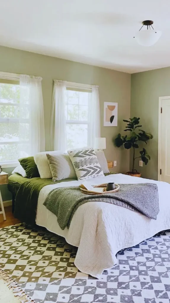 Neutral Beige and Green Bedroom Color