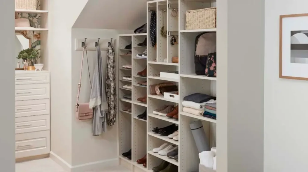 built-in slanted ceiling closet with shelves